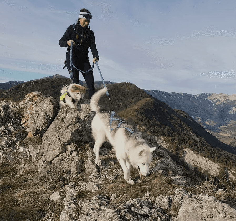 Emilie avec Mambo et Salsa en montagne, vallée de Serre Chevalier